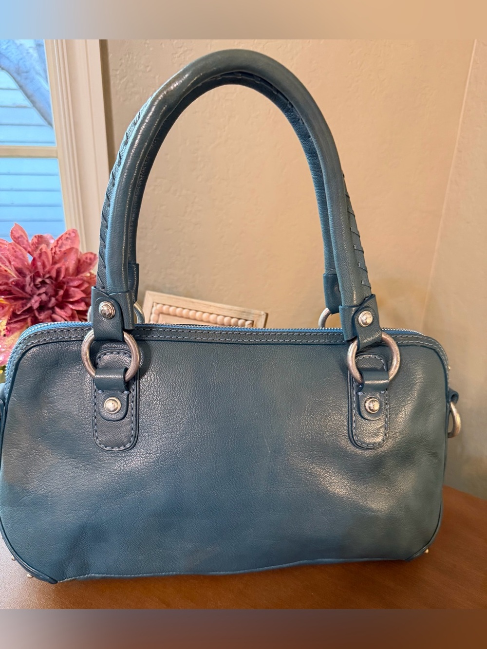 Michael Kors Vintage East West Teal Leather Shoulder Bag with Studded Zip Pocket - Picture 2 of 15